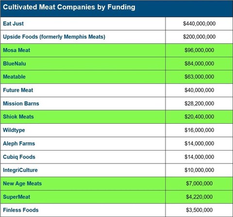 Table 1: Cultivated meat companies by funding