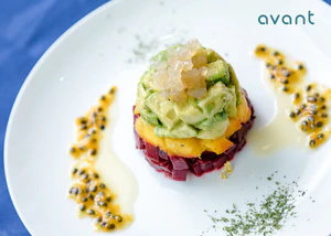 Fruit tartare topped with cultivated fish maw bites